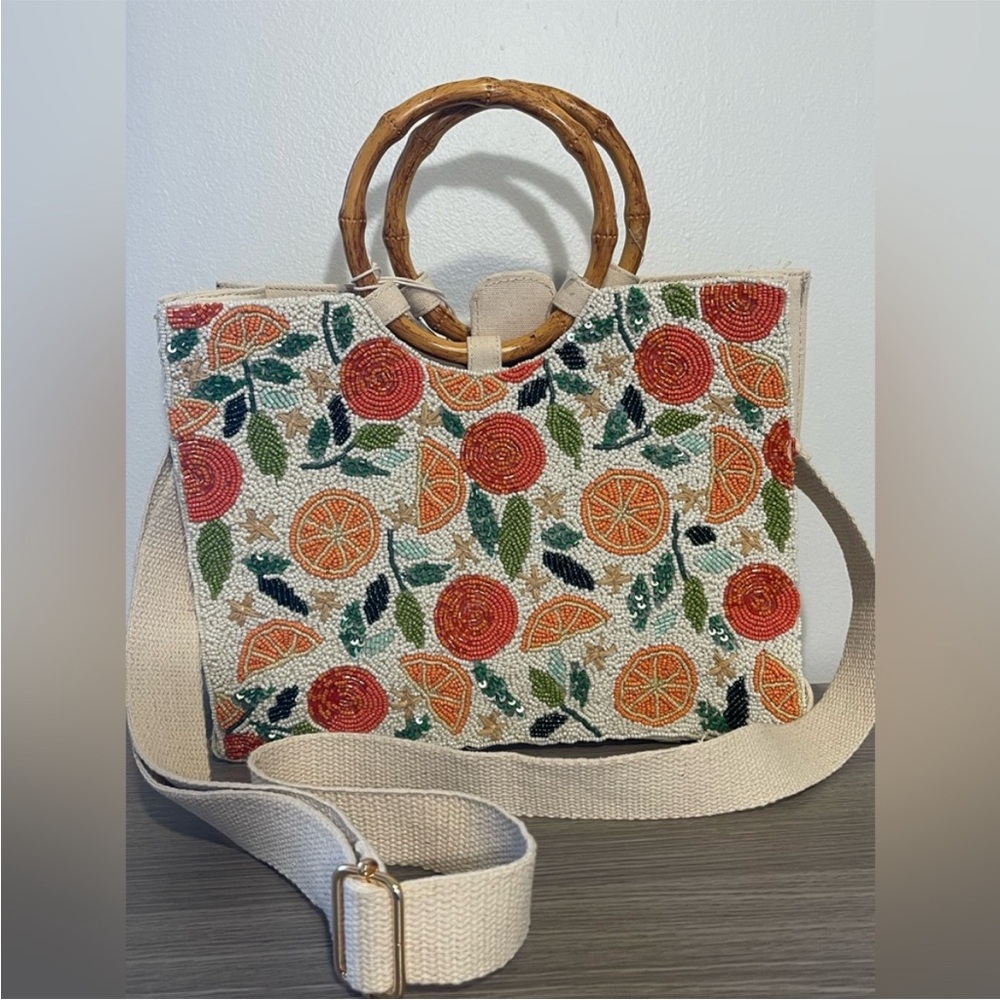 Viral TikTok Sol and Mer Beaded Bag Orange Citrus Fruit Bamboo Handle Tote NWT